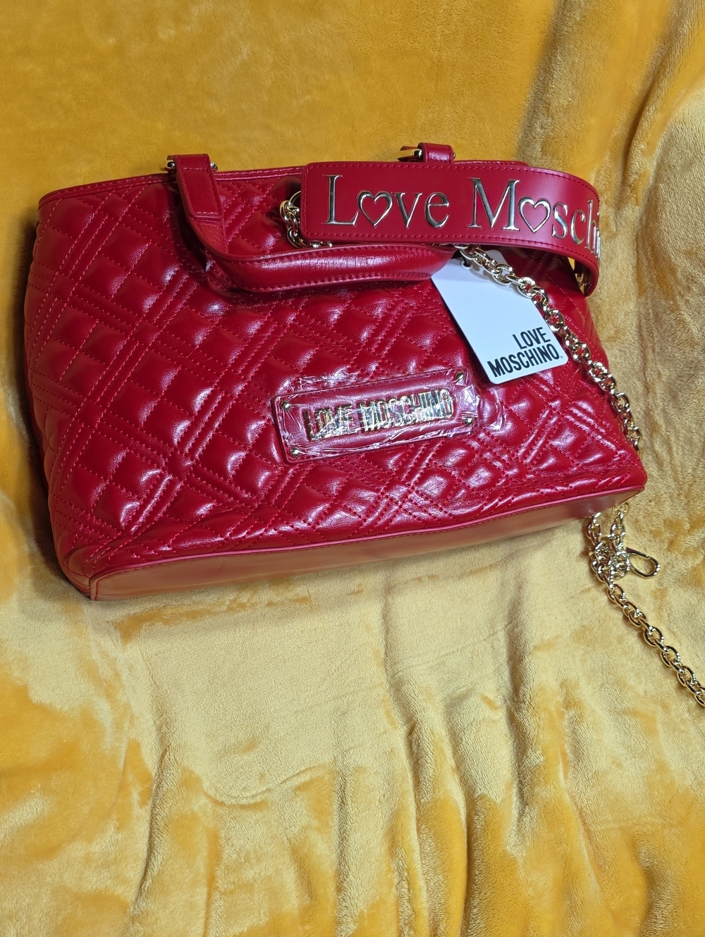 Brand New With Tag Love Moschino Red Quilted Shoulder Bag with Logo Strap